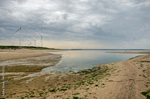Wide sandy beach with shallow puddles and wind turbines under a dramatic cloudy sky on Maasvlakte peninsula naer Rotterdam, The Netherlands © Frans