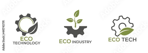 Eco technology logo set. gear and leaf icon. eco friendly and industry symbols