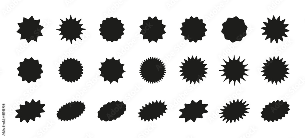 Callout star shapes. Starburst price sticker. Discount promo splash badge. Product tag labels. Set of star bursts. Black circle and oval boxes, stamps isolated on white background. Vector illustration