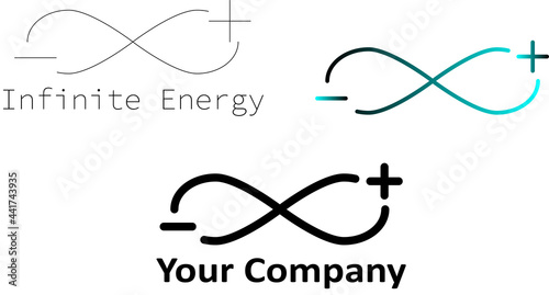 Infinity symbol with plus minus sign. Infinite energy source. Vector illustration icon, logo for corporate use or company logo. Symbol of renewable energies and sciences.