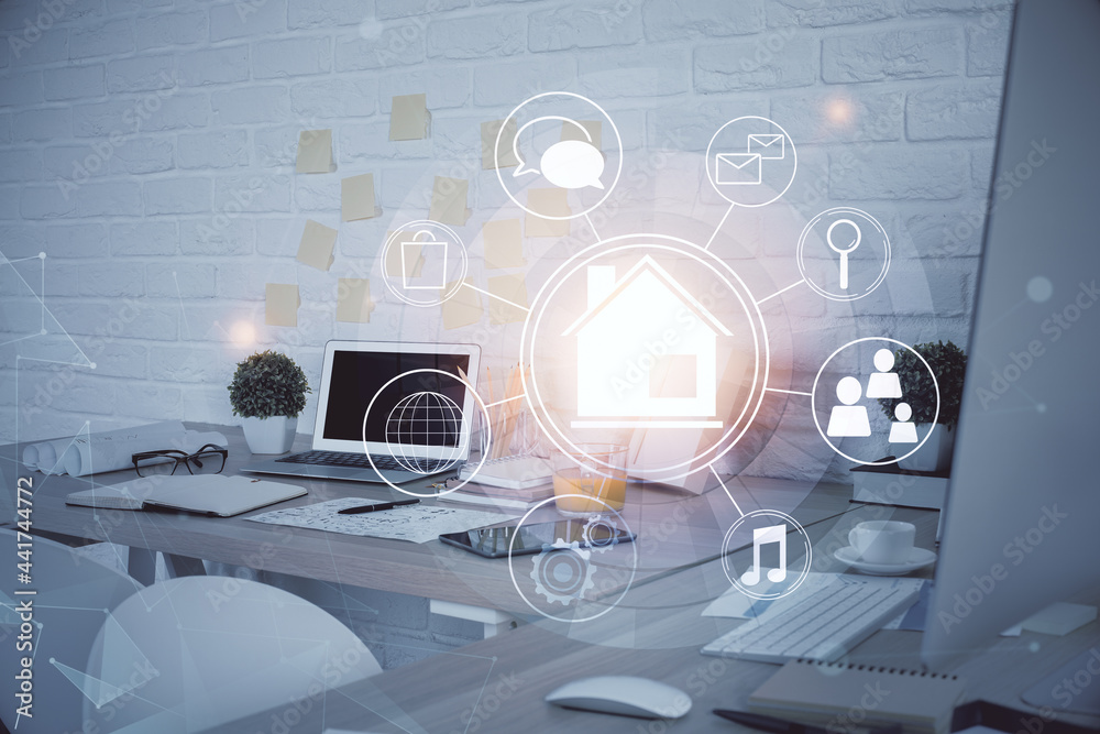 Multi exposure of town drawings and office interior background. Smart city concept. Multi exposure of town drawings and office interior background. Smart city concept.