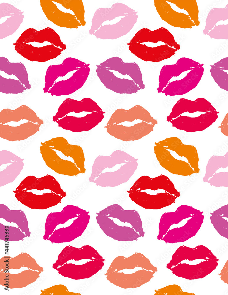 Fototapeta premium Sweet Pink, red and Orange Lips On a White Background. Funny Seamless Vector Pattern with Colorful Traces of Lipstick. Cute Valentine's Day Print ideal for fabric, Textile, Wrapping Paper.