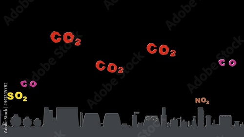 Animation of air pollution by enterprises and industry. Transparent background with alpha channel. Presence of substances in atmosphere that are harmful to health of humans or cause damage to climate.