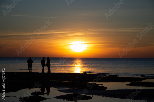 silhouette of a couple walking on the beach