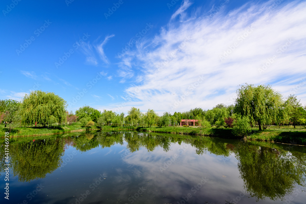 Landscape with old green trees near Mogosoaia lake and park, a weekend attraction close to Bucharest, Romania, in a sunny spring day. Landscape with old green trees near Mogosoaia lake and park, a weekend attraction close to Bucharest, Romania, in a sunny spring day.