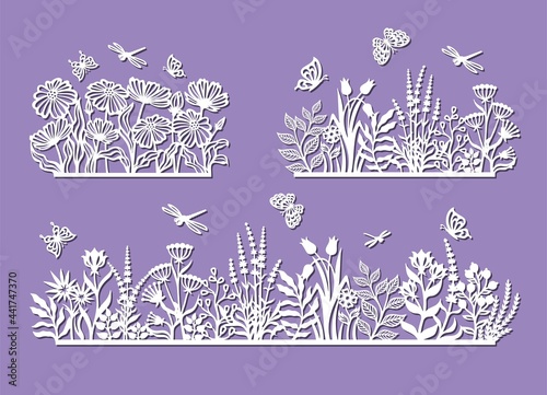 Set of silhouettes of a flower meadow. Flowerbed, field, garden with herbs, plants, leaves, chamomiles, poppies, lavender, insects, cute butterfly, dragonfly. Template for plotter laser cutting, cnc.