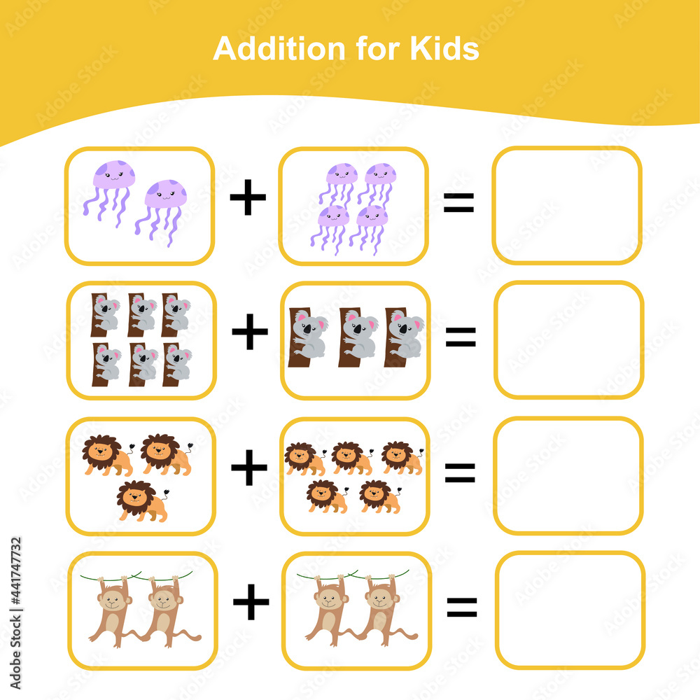 Fototapeta premium Counting game for preschool children. This worksheet is good for children to counting well. Educational printable math worksheet. Additional math games for kids. Vector illustration.