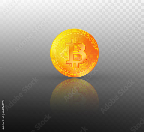 Gold bitcoin coin. Bitcoin symbol in cryptocurrency isolated on transparent background. Realistic vector illustration.	