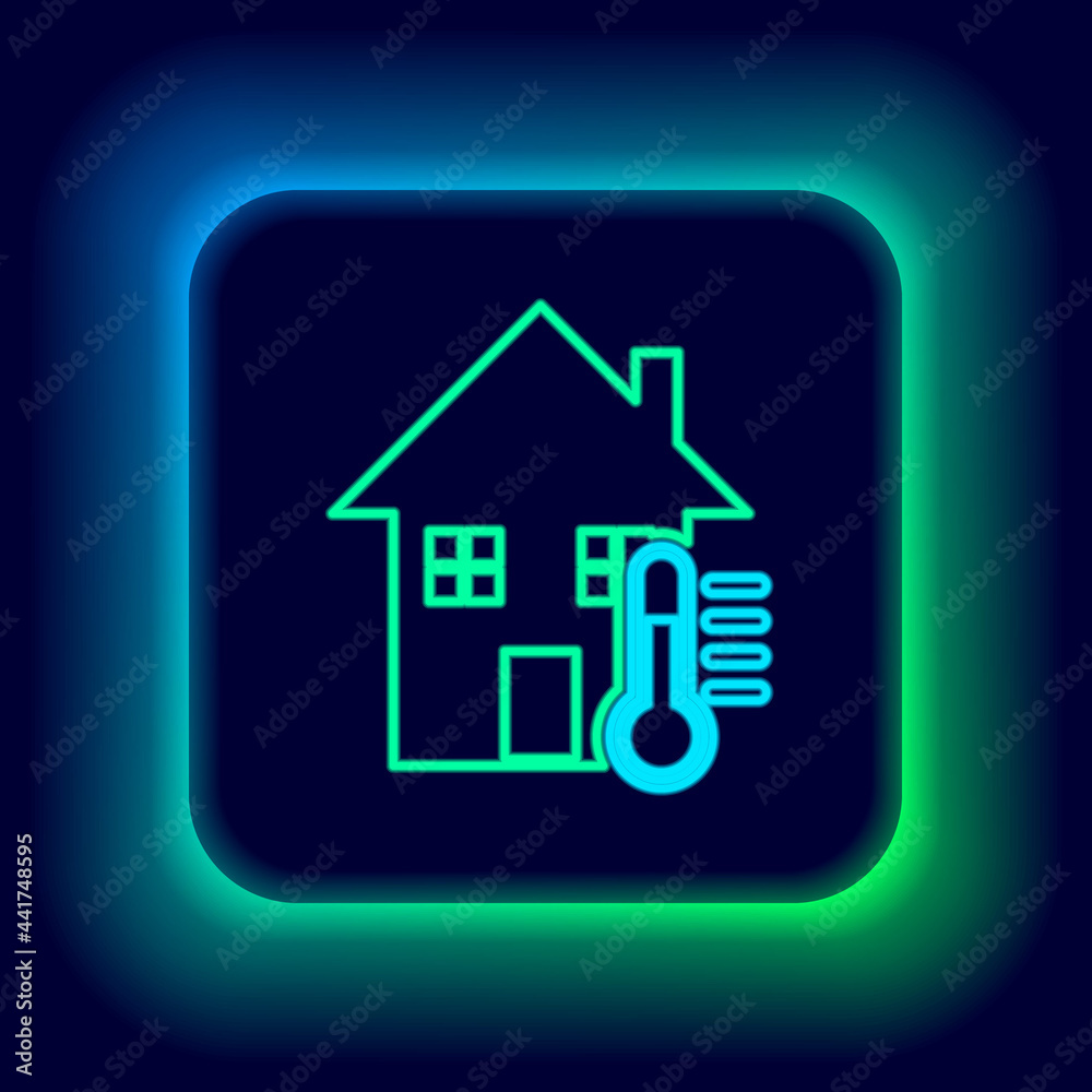 Glowing neon line House temperature icon isolated on black background. Thermometer icon. Colorful outline concept. Vector Glowing neon line House temperature icon isolated on black background. Thermometer icon. Colorful outline concept. Vector