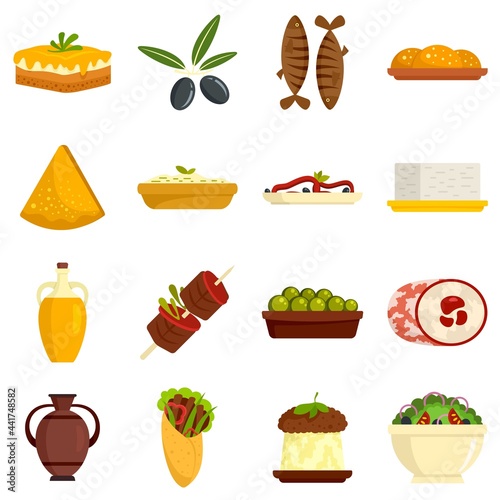 Greek cuisine icons set flat vector isolated
