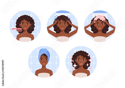 Hair health and care. Afro American Black woman washes her curly hair. Steps.The girl applies foam to her head, a towel. Flat cartoon color style. White background. Vector stock illustration.