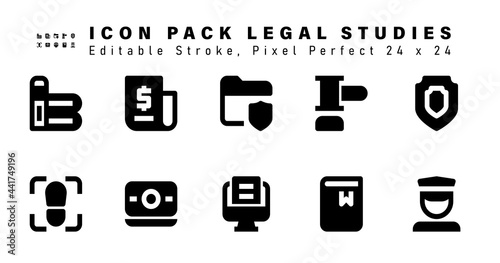 Icon Set of Legal Studies Glyph Icons. Contains such Icons as Defense, Footprint, Money, Online Document, etc. Editable Stroke. 24 x 24 Pixel Perfect