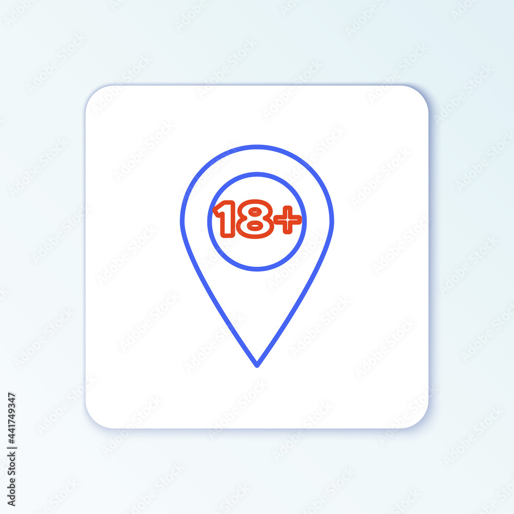Line Map pointer with 18 plus icon isolated on white background. Age restriction symbol. 18 plus content sign. Adults content only icon. Colorful outline concept. Vector Line Map pointer with 18 plus icon isolated on white background. Age restriction symbol. 18 plus content sign. Adults content only icon. Colorful outline concept. Vector