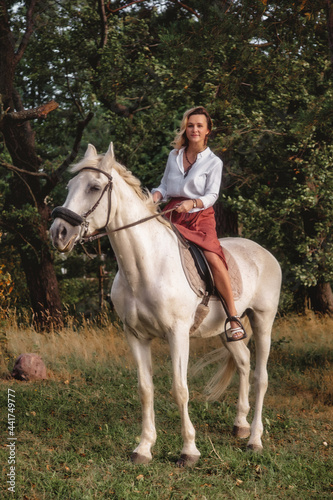 Cute happy young woman horseback in summer parkland. Rider female drives her horse in park on nature on evening sunset light background. Concept of outdoor riding, sports and recreation. Copy space