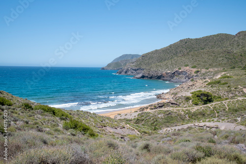 Beaches of the Calblanque Regional Park  Cartagena  LA MANGA DEL MAR MENOR Region of Murcia. a series of beaches and small coves  characterized by their fine golden sands and their almost virgin state