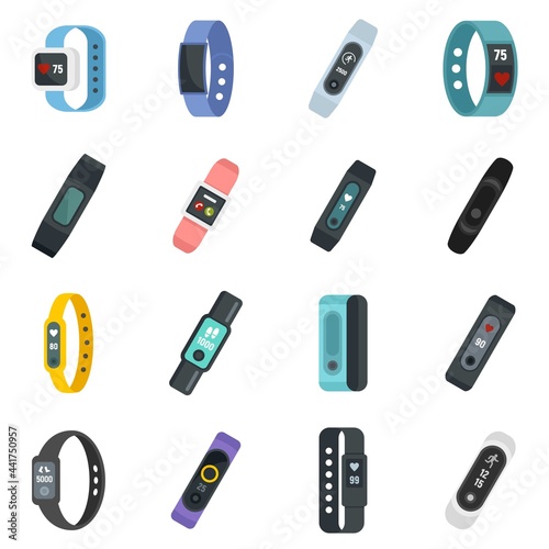 Fitness bracelet icons set flat vector isolated