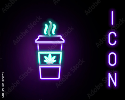 Glowing neon line Cup coffee with marijuana or cannabis leaf icon isolated on black background. Marijuana legalization. Hemp symbol. Colorful outline concept. Vector