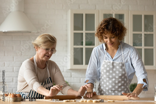 Caring beautiful middle aged elderly woman sharing favorite recipe with smiling grown young daughter, preparing homemade pastry cake together in modern kitchen, domestic culinary activity concept. © fizkes