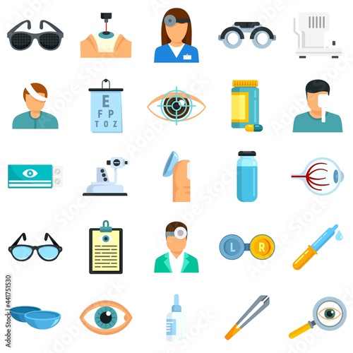 Eye examination icons set flat vector isolated