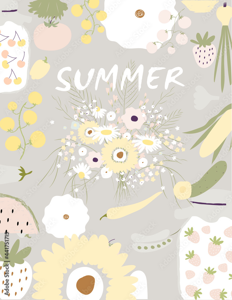 Obraz premium Summer poster. Vector illustration with vegetables, fruits and flowers for print, design, poster, banner, postcard, background.