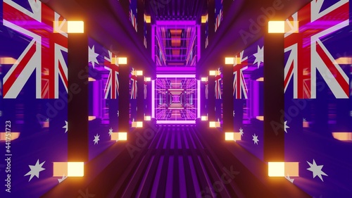 4K UHD corridor with Australian flags on walls 3D illustration