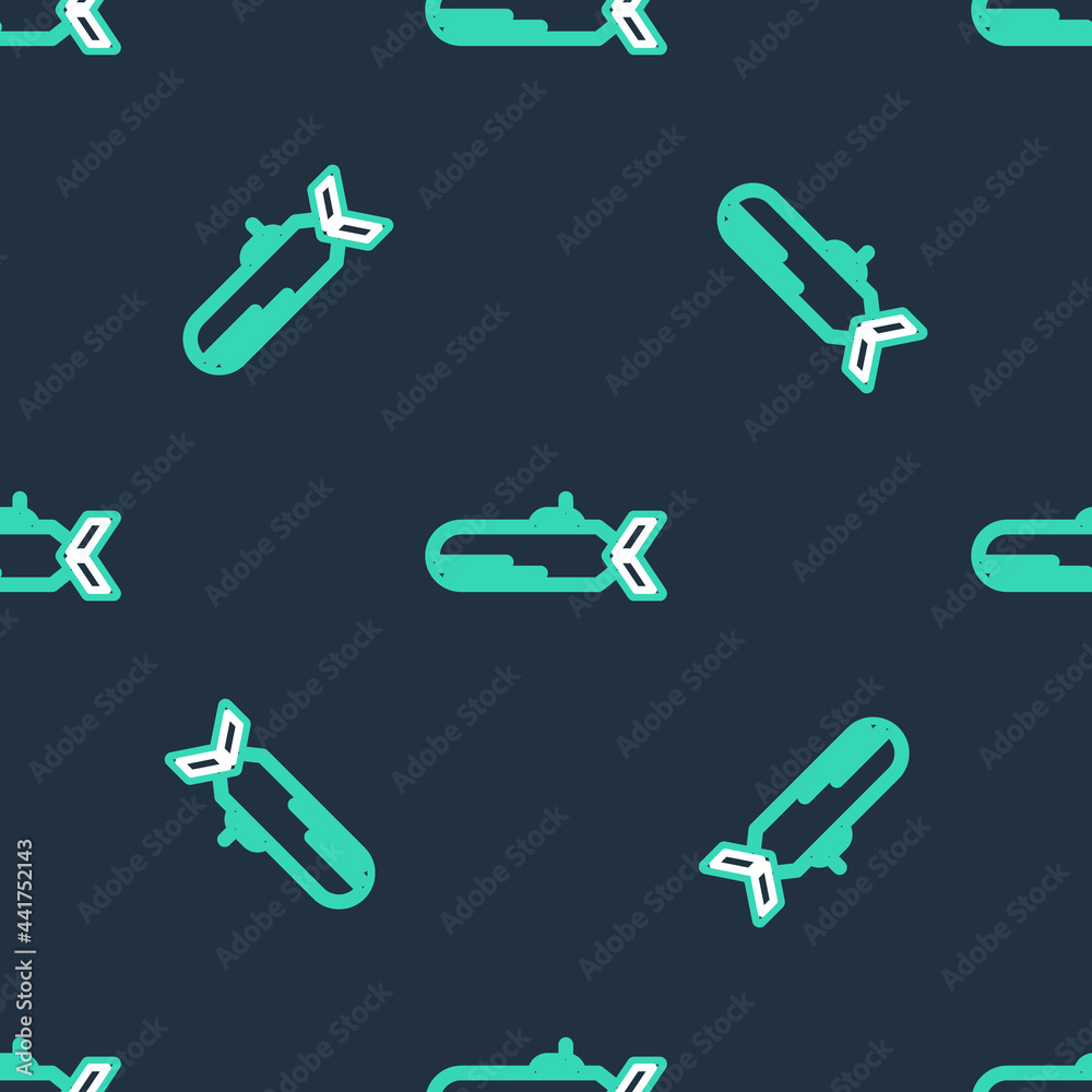 Line Submarine icon isolated seamless pattern on black background. Military ship. Vector