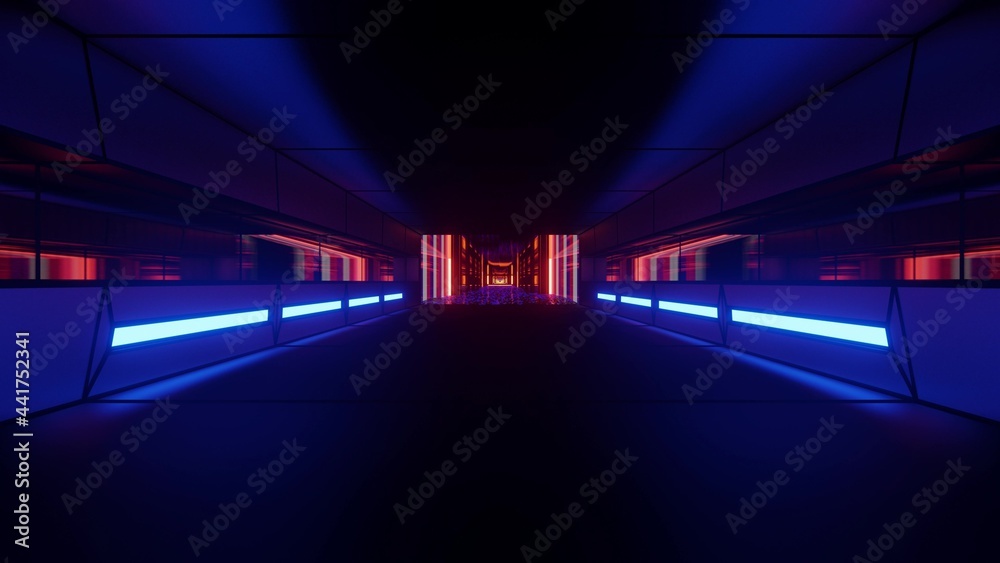 4K UHD dark tunnel with neon illumination 3D illustration