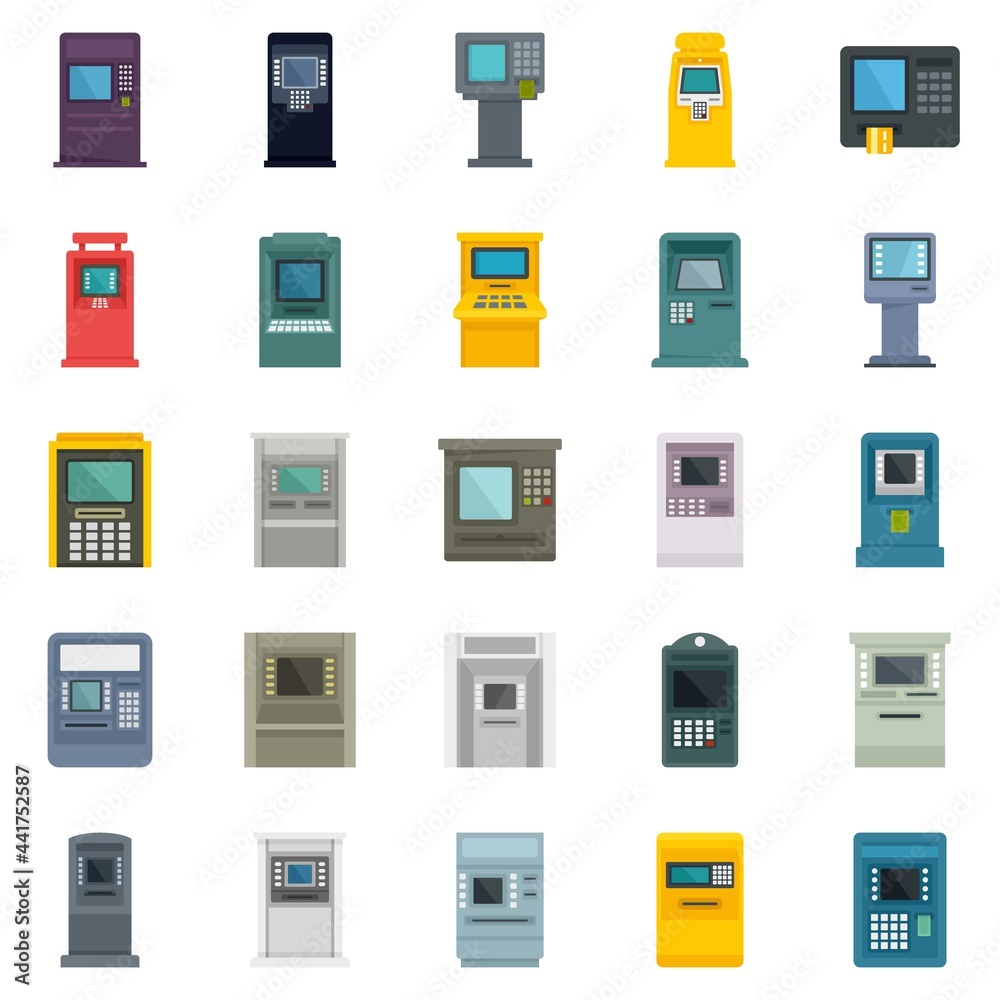 Atm machine icons set flat vector isolated