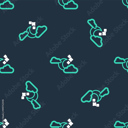 Line Cloud with moon and stars icon isolated seamless pattern on black background. Cloudy night sign. Sleep dreams symbol. Night or bed time sign. Vector