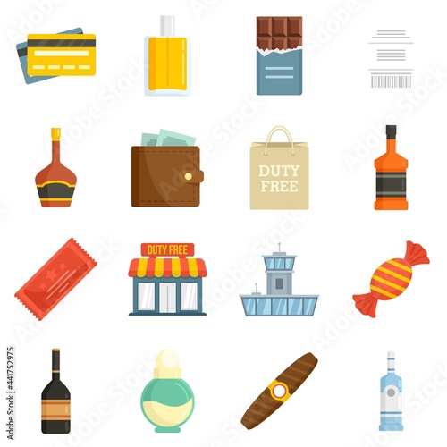 Duty free shop icons set flat vector isolated