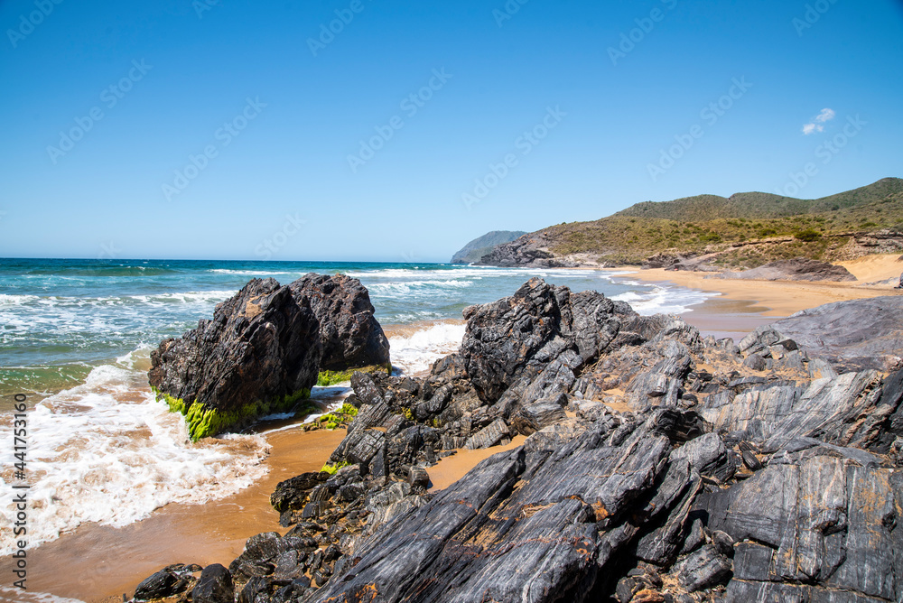 Beaches of the Calblanque Regional Park, Cartagena, LA MANGA DEL MAR MENOR Region of Murcia. a series of beaches and small coves, characterized by their fine golden sands and their almost virgin state