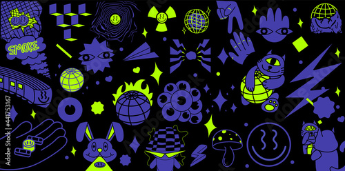 Funny abstract pictures, rave style, flat design, trip, poisonous green and purple colors