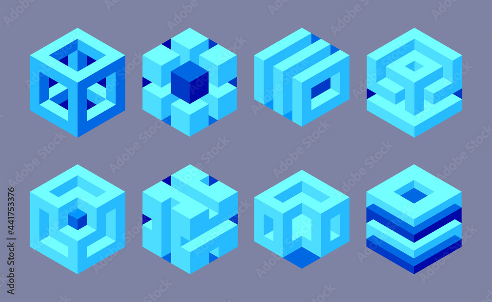 Set of illusory cubes made of blocks. The isometric cube turns in different angles. Math objects with mental tricks. Brain optical illusion. Symbol with three-dimensional effect. Set of illusory cubes made of blocks. The isometric cube turns in different angles. Math objects with mental tricks. Brain optical illusion. Symbol with three-dimensional effect.