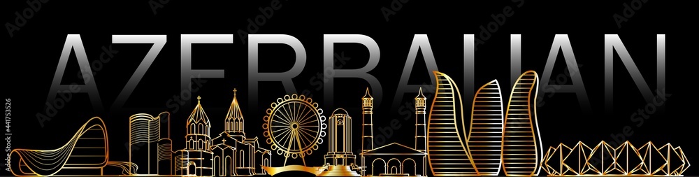 Skyline of Azerbaijan prominent landmarks golden line art and text banner Skyline of Azerbaijan prominent landmarks golden line art and text banner