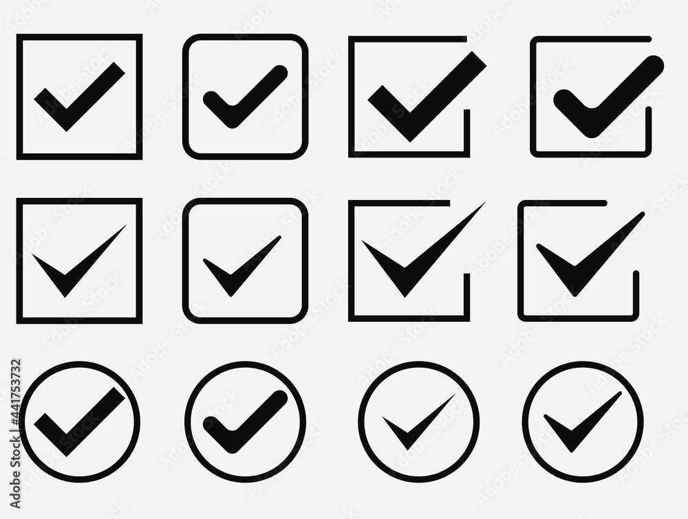 Vector black confirm icons set. Large set of flat buttons, crosses. Circle and square, hard and rounded corners. Vector black confirm icons set. Large set of flat buttons, crosses. Circle and square, hard and rounded corners.