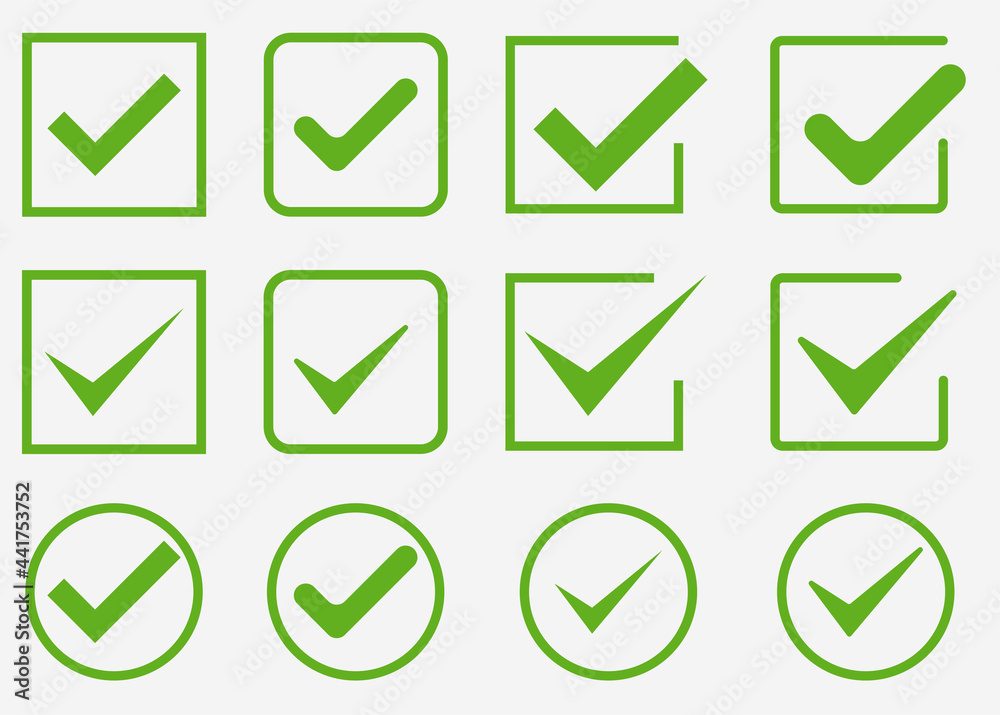 Vector green confirm icons set. Large set of flat buttons: green check marks. Circle and square, hard and rounded corners. Vector illustration Vector green confirm icons set. Large set of flat buttons: green check marks. Circle and square, hard and rounded corners. Vector illustration