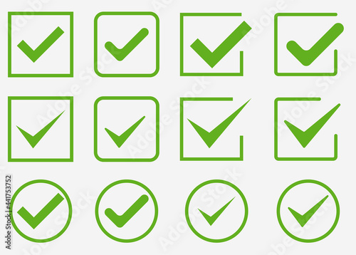 Vector green confirm icons set. Large set of flat buttons: green check marks. Circle and square, hard and rounded corners. Vector illustration
