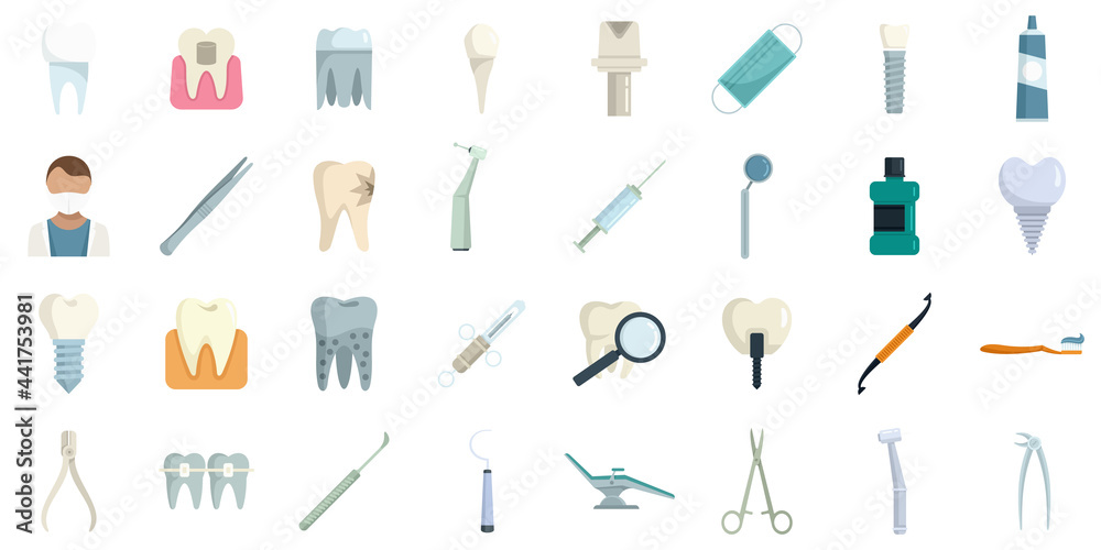 Tooth restoration icons set flat vector isolated Tooth restoration icons set flat vector isolated