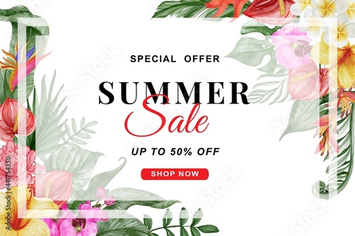 summer sale banner with greenery tropical leaf and flower watercolor