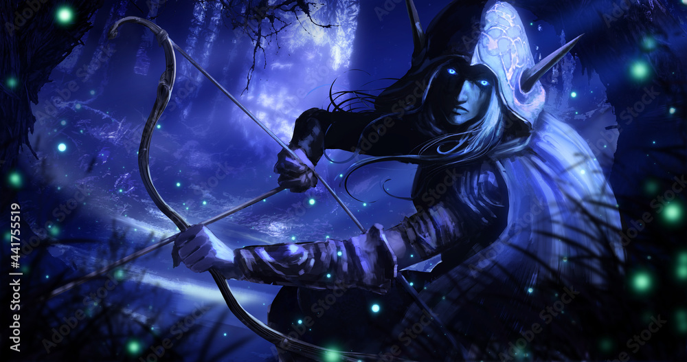 Naklejka premium A sinister archer, a dark elf in a hood, looks sternly with her blue magic eyes, which glow in the middle of the night forest bathed in moonlight, in her hands a bow and arrow at the ready. 2D art