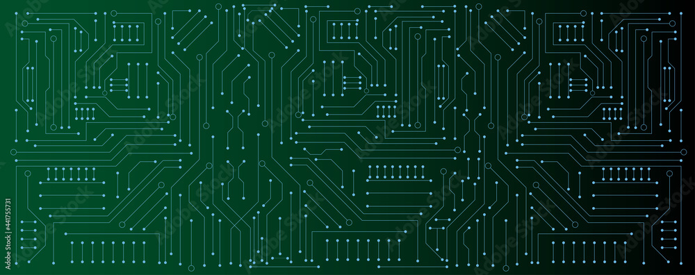 circuit board electronic or electrical line on green engineering technology concept vector panorama background - obrazy, fototapety, plakaty 