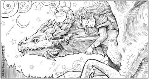 A cute girl fell asleep on the back of a huge horned dragon that flies through the starry sky, looking after the child so that she does not fall off . 2d linear illustration photo