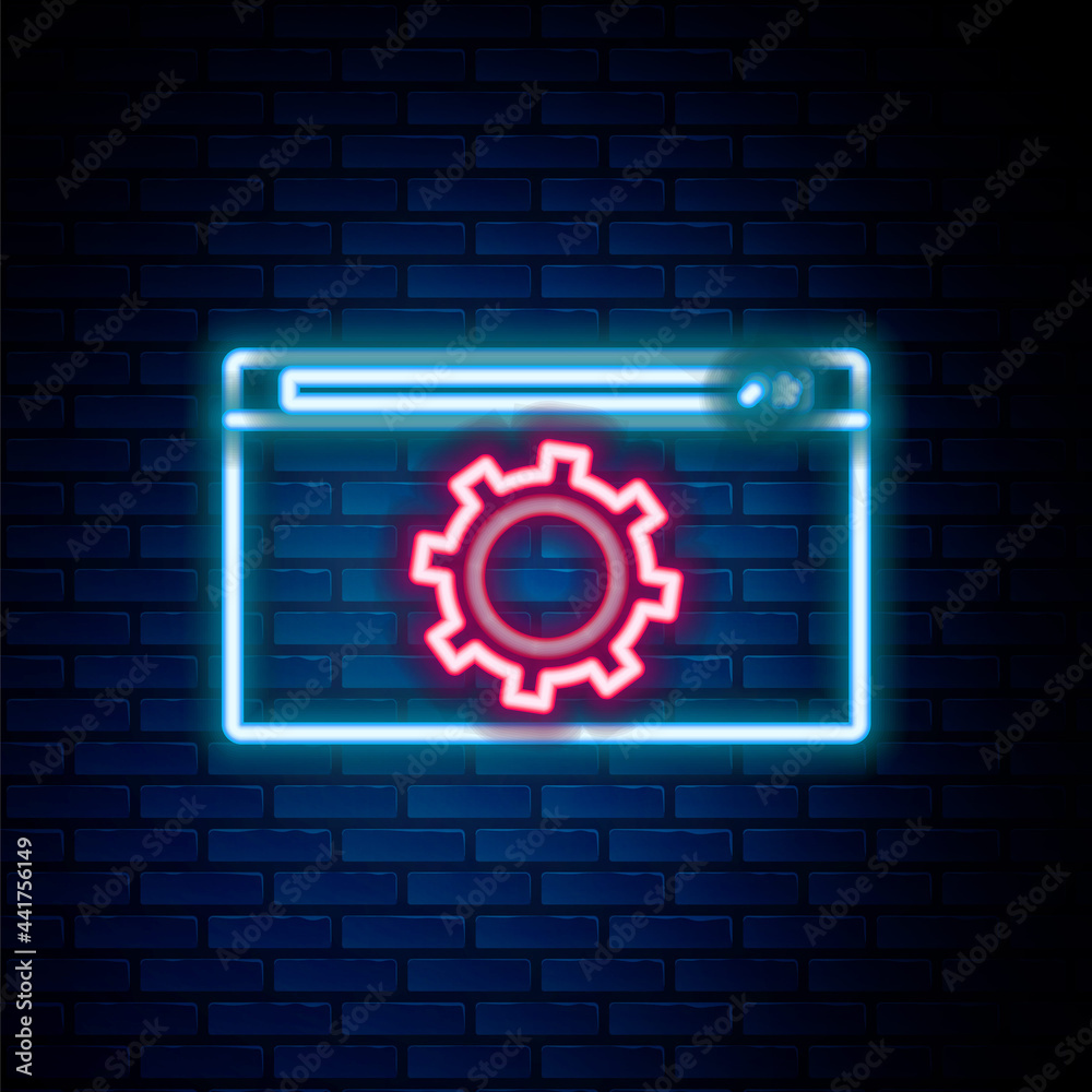 Glowing neon line Setting icon isolated on brick wall background. Adjusting, service, maintenance, repair, fixing. Colorful outline concept. Vector Glowing neon line Setting icon isolated on brick wall background. Adjusting, service, maintenance, repair, fixing. Colorful outline concept. Vector
