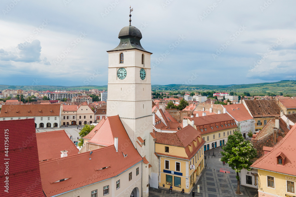 Fototapeta premium Aerial view of ancient part of Sibiu in Romania, red roofs town in summer day