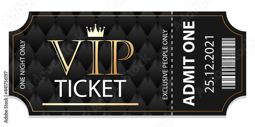 Stub black VIP admission ticket template with golden glittering VIP sign.
