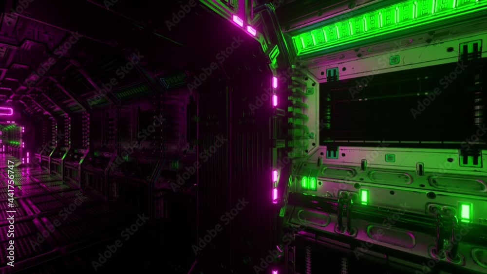 Flying into spaceship tunnel, sci-fi spaceship corridor. Futuristic technology for technical titles and backgrounds. Internet traffic graphics, speed. 3D rendering. 4k animation of seamless loop