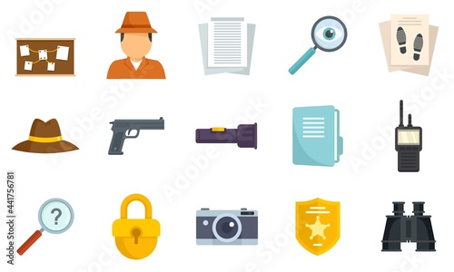 Investigator icons set flat vector isolated