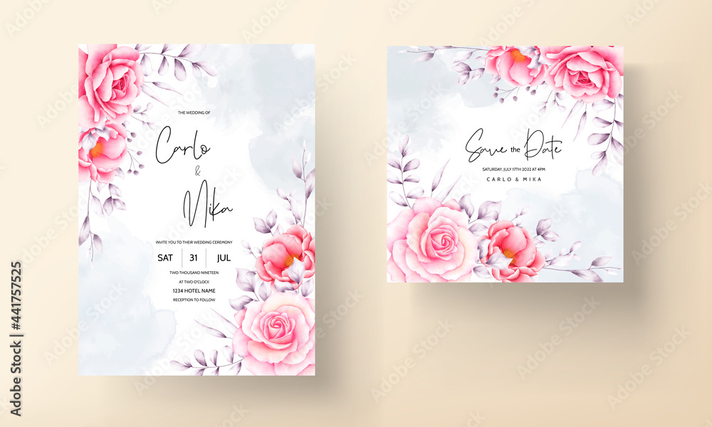 Watercolor red rose wedding invitation card