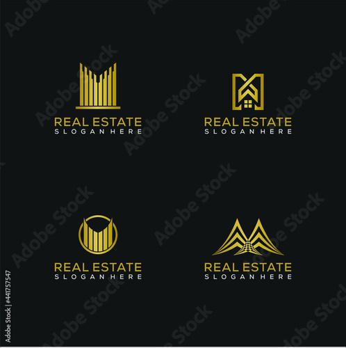 Set of Initials M logo template with a golden style color for the real estate
