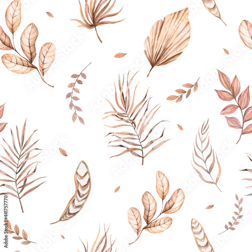 Watercolor boho flowers and leaves. digital drawing and watercolor brown texture. original creative illustration. seamless pattern, white background.